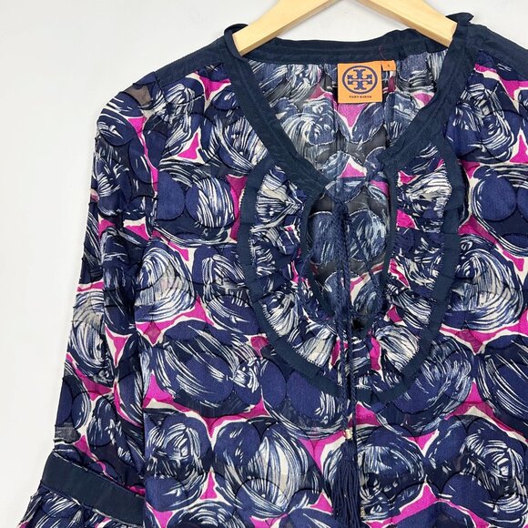 Tory Burch Silk Semi-Sheer Popover Top Preppy Ruffle Size 2 Women's - Picture 2 of 5